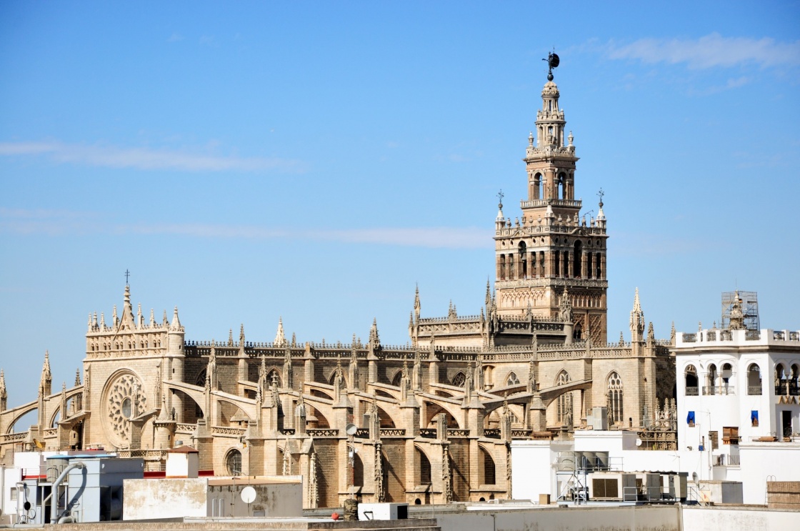 View of Seville Cathedral with the Giralda, from tower of Gold.